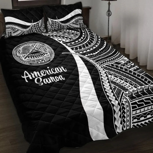 American Samoa Quilt Bed Set - White Polynesian Tentacle Tribal Pattern
