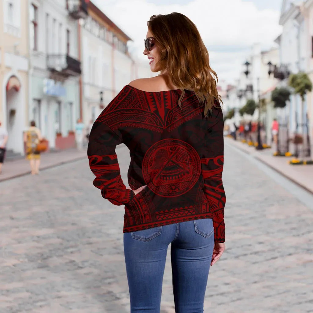 American Samoa Polynesian Chief Custom Personalised Women Off Shoulder Sweater - Red Version