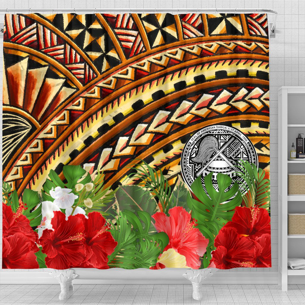 American Samoa Shower Curtain - Vintage Pattern With Hibiscus Flower