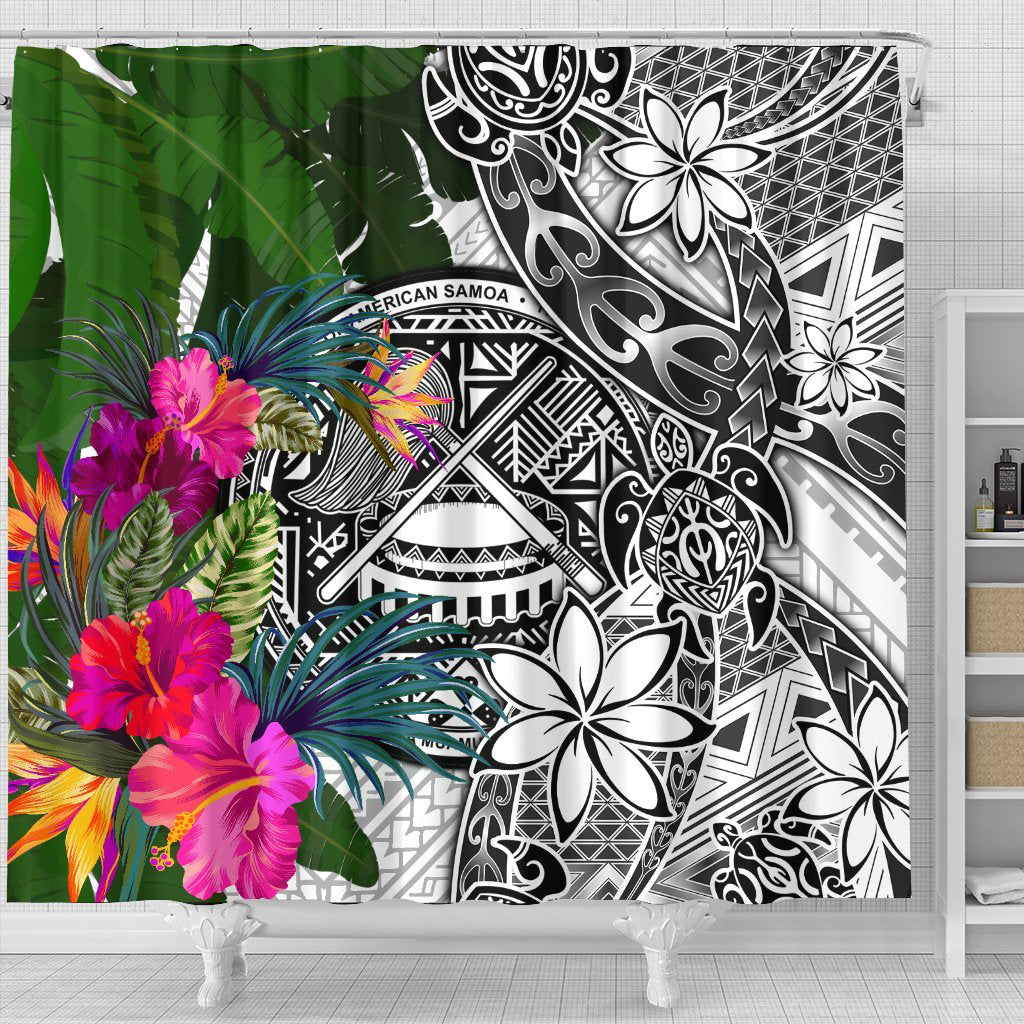 American Samoa Shower Curtain White - Turtle Plumeria Banana Leaf