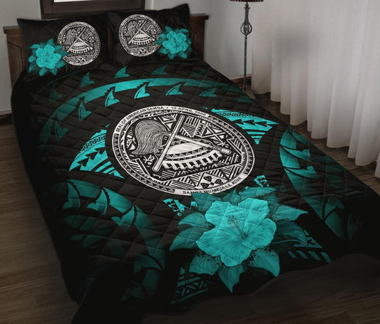 American Samoa Polynesian Quilt Bed Set Hibiscus Turquoise