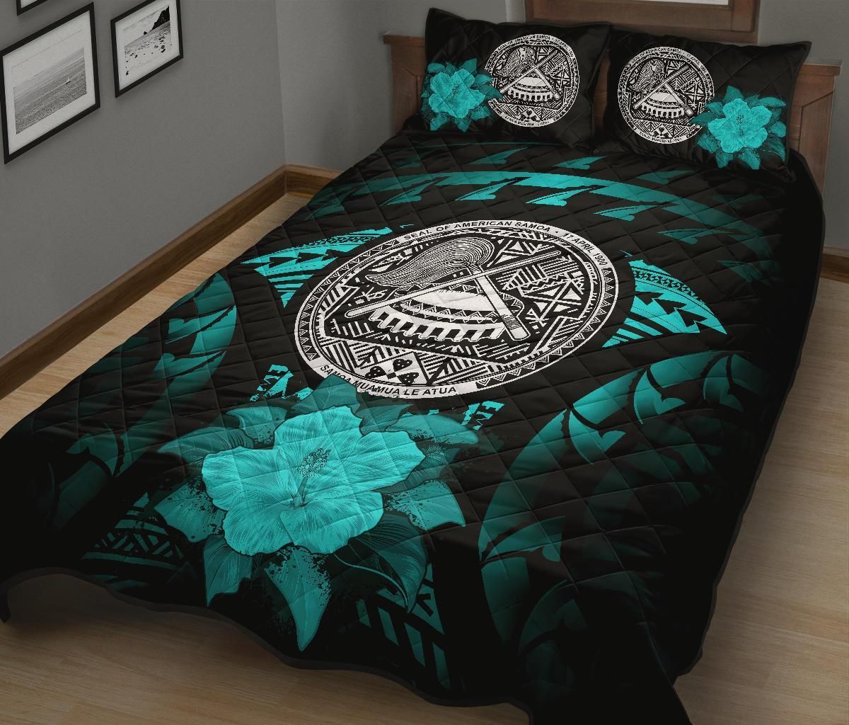 American Samoa Polynesian Quilt Bed Set Hibiscus Turquoise