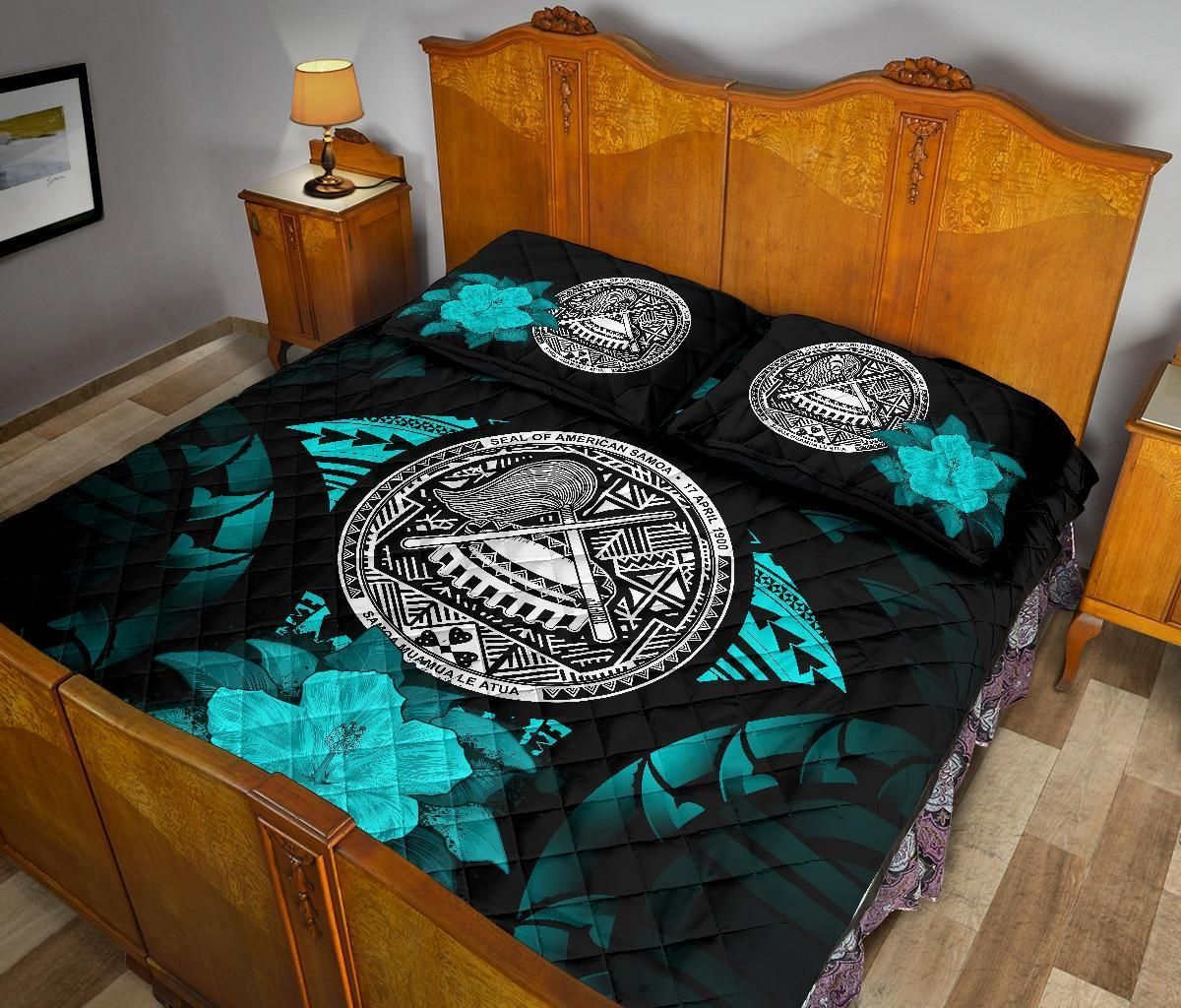 American Samoa Polynesian Quilt Bed Set Hibiscus Turquoise