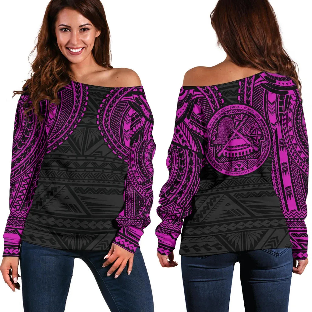 American Samoa Women Off Shoulder Sweater - Pink Tattoo 2nd Version