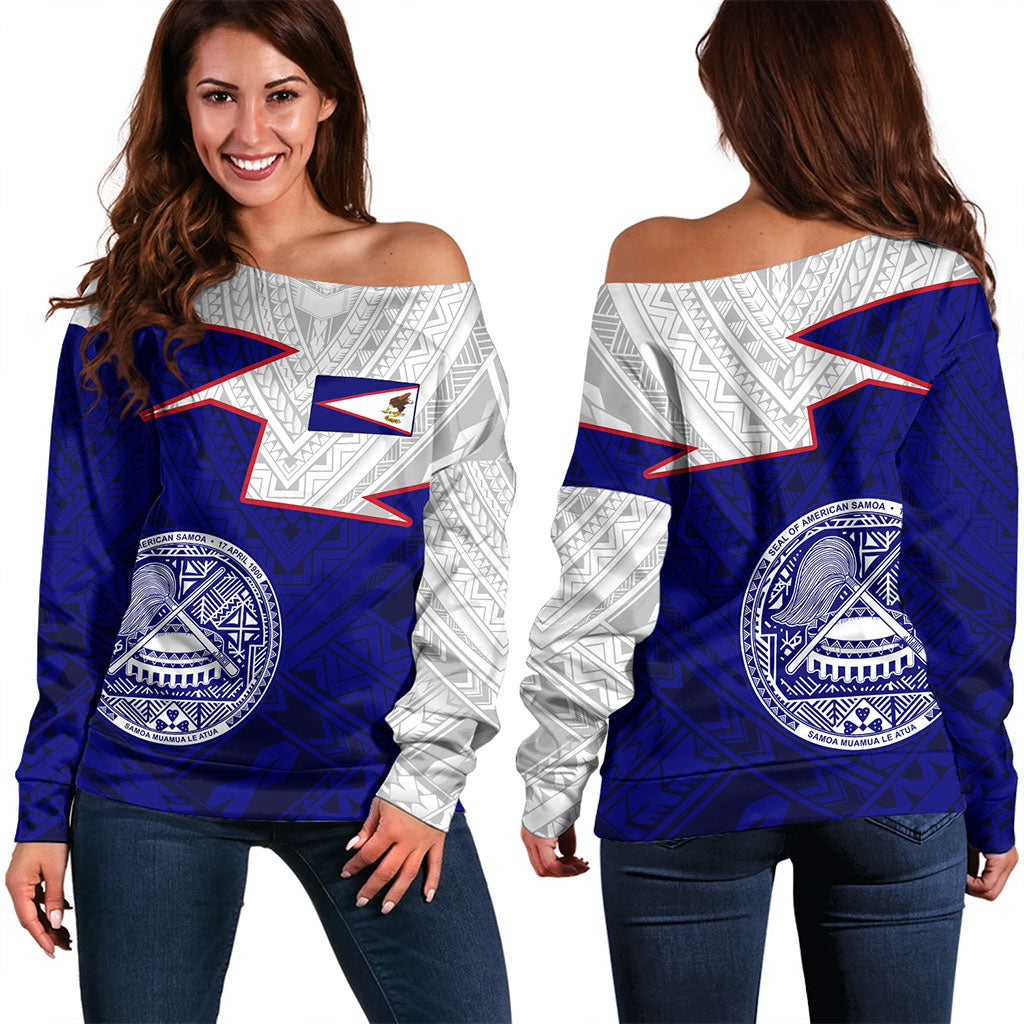 American Samoa Off Shoulder Sweatshirt Polynesian Tattoo Flag And Coat Of Arms