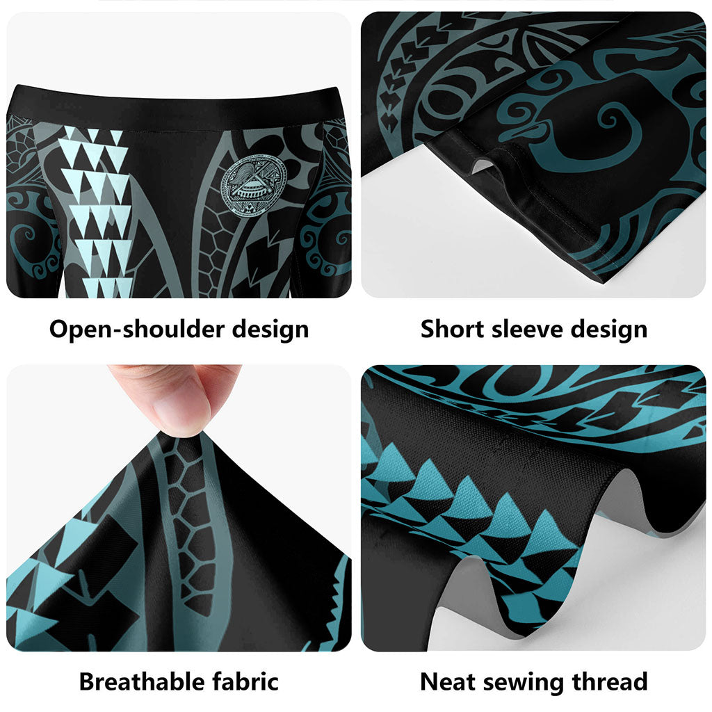 American Samoa Combo Short Sleeve Dress And Shirt Kakau Style Turquoise
