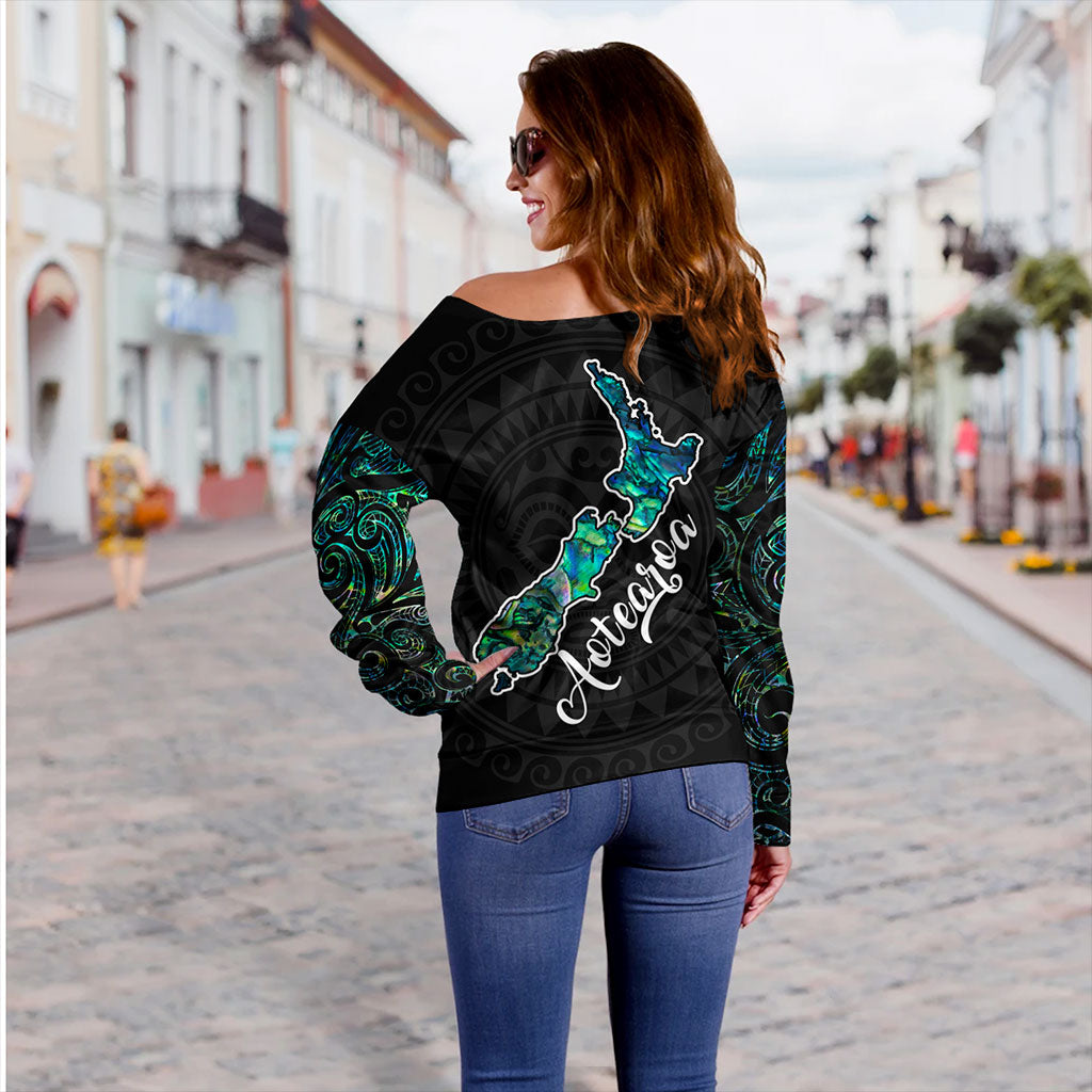 New Zealand Off Shoulder Sweatshirt Aotearoa Maori Tribal Map With Papua Shell