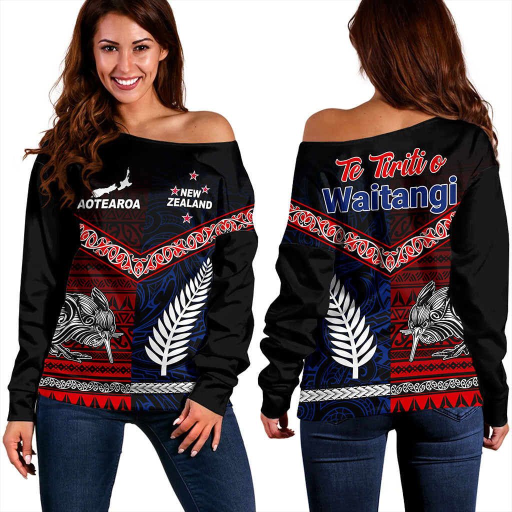 New Zealand Off Shoulder Sweatshirt Waitangi Aotearoa Tribal National Together