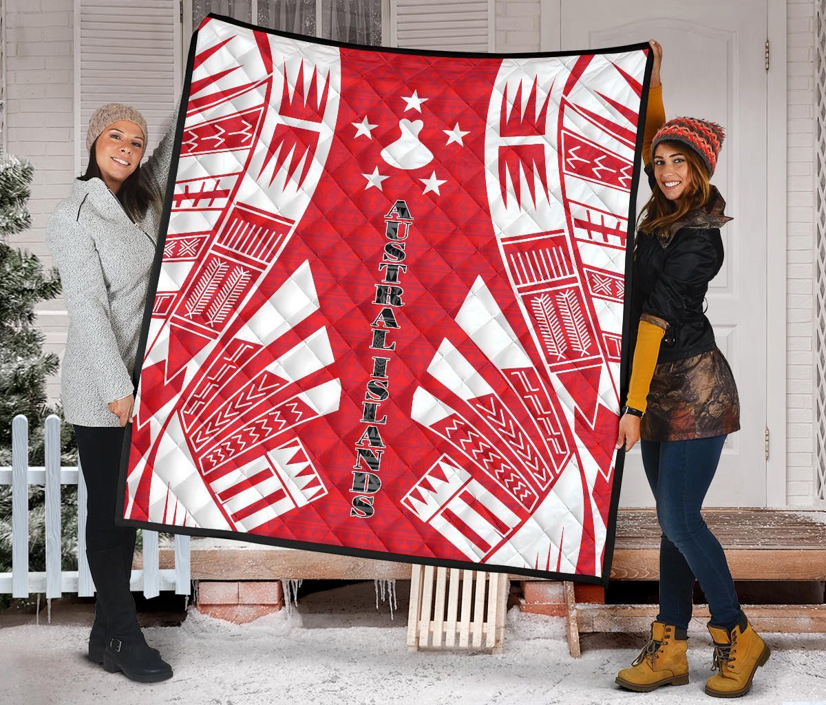 Austral Islands Premium Quilt - Austral Islands Flag Polynesian White Tattoo (Red)
