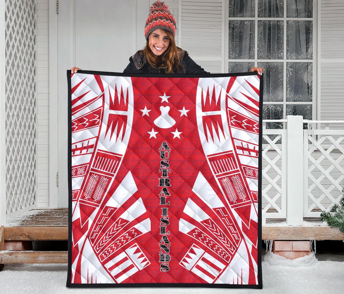 Austral Islands Premium Quilt - Austral Islands Flag Polynesian White Tattoo (Red)