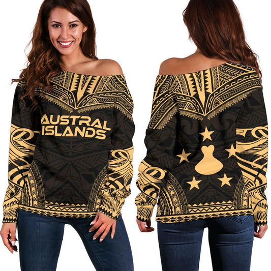 Austral Islands Polynesian Chief Women Off Shoulder Sweater - Gold Version