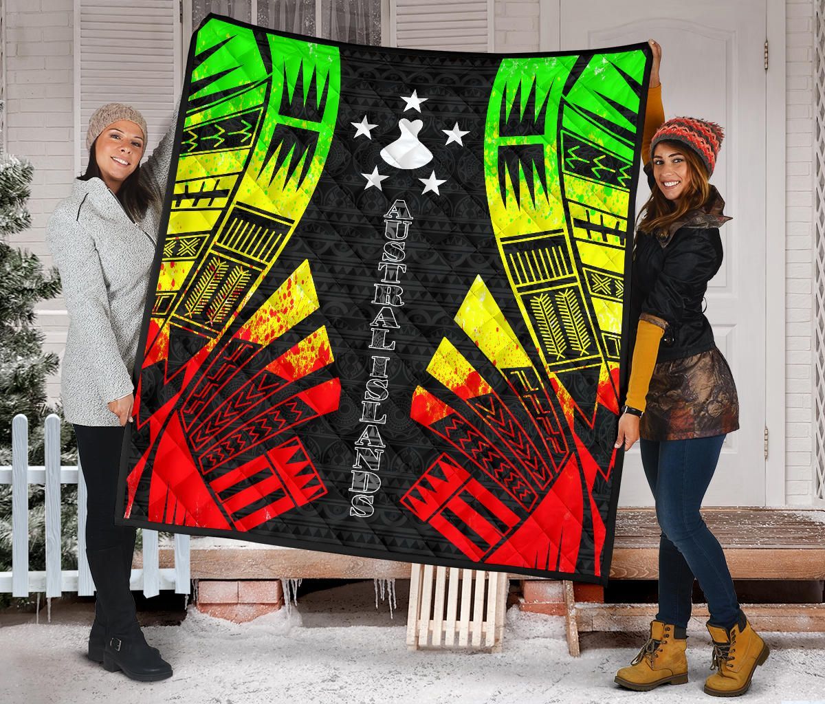 Austral Islands Premium Quilt - Austral Islands Flag Polynesian Reggae Tattoo (Black)