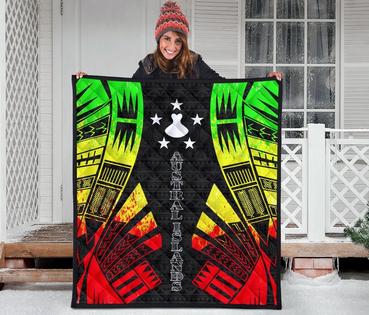 Austral Islands Premium Quilt - Austral Islands Flag Polynesian Reggae Tattoo (Black)