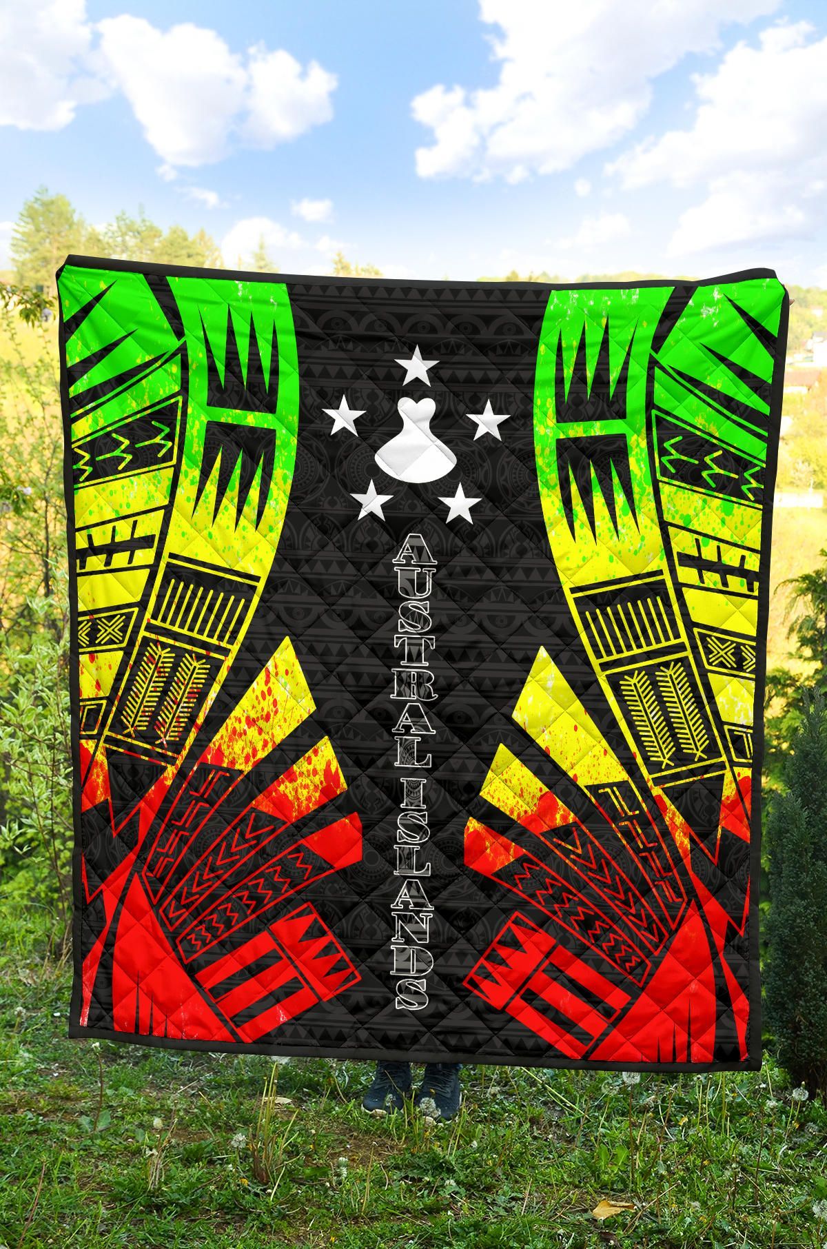 Austral Islands Premium Quilt - Austral Islands Flag Polynesian Reggae Tattoo (Black)
