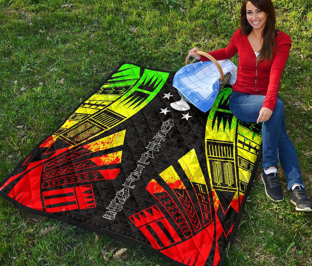 Austral Islands Premium Quilt - Austral Islands Flag Polynesian Reggae Tattoo (Black)