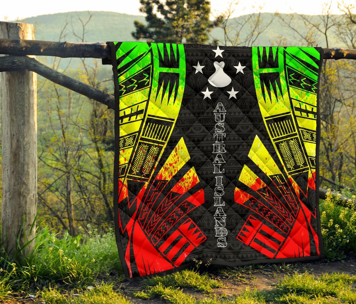 Austral Islands Premium Quilt - Austral Islands Flag Polynesian Reggae Tattoo (Black)