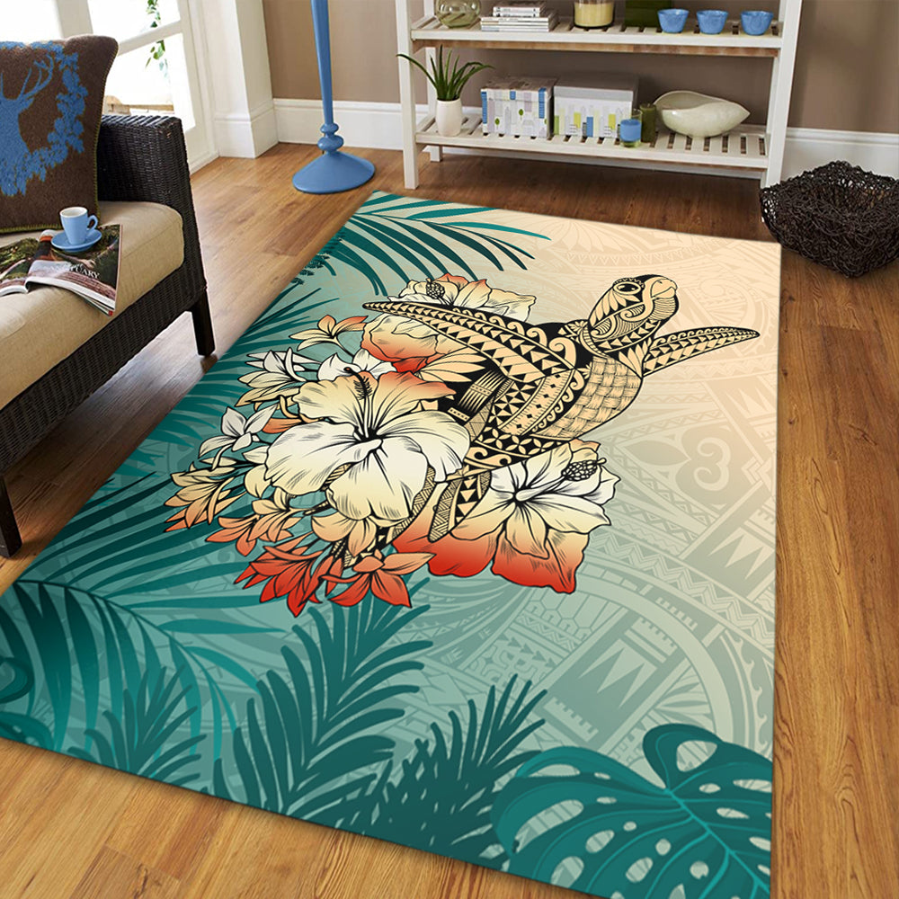Hawaii Area Rug Tropical Leaves Sea Turtle Tribal