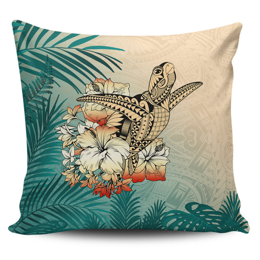 Hawaii Pillow Cover Tropical Leaves Sea Turtle Tribal