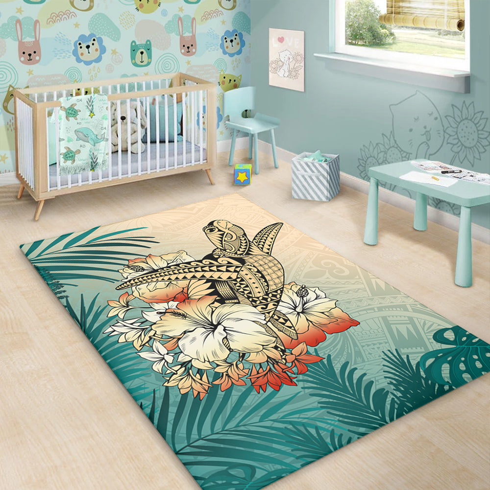 Hawaii Area Rug Tropical Leaves Sea Turtle Tribal
