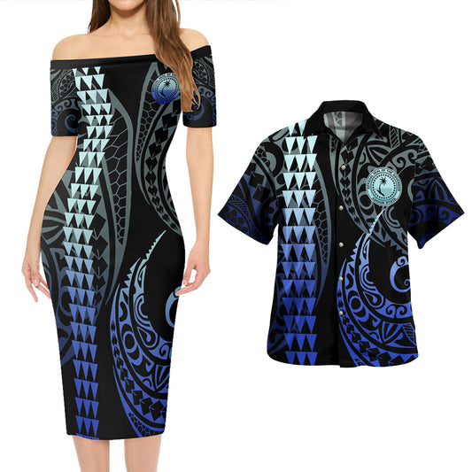 Chuuk State Combo Short Sleeve Dress And Shirt Kakau Style Gradient Blue