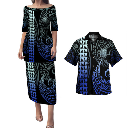 Papua New Guinea Combo Puletasi And Shirt Kakau Style Gradient Blue
