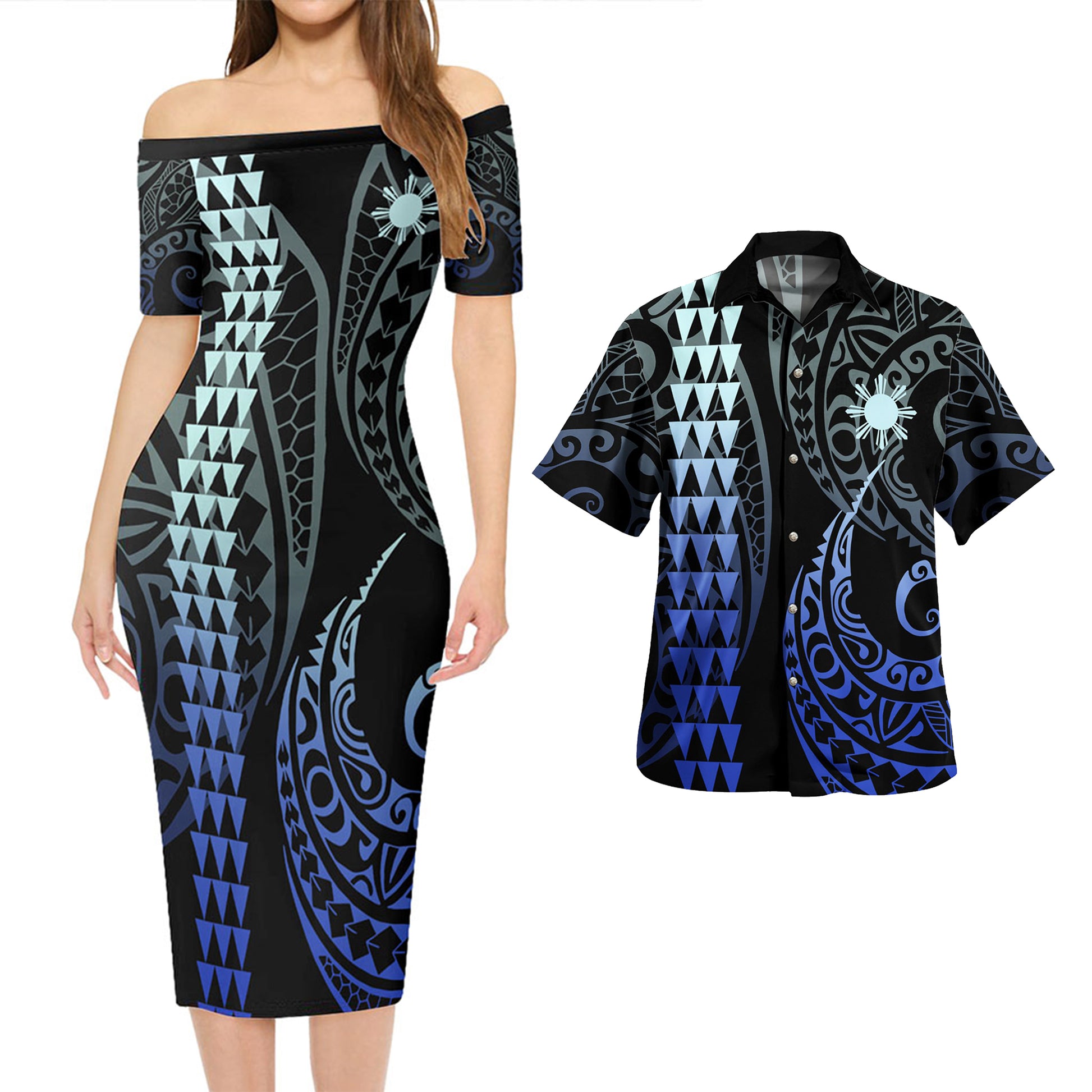 Philippines Filipinos Combo Short Sleeve Dress And Shirt Kakau Style Gradient Blue