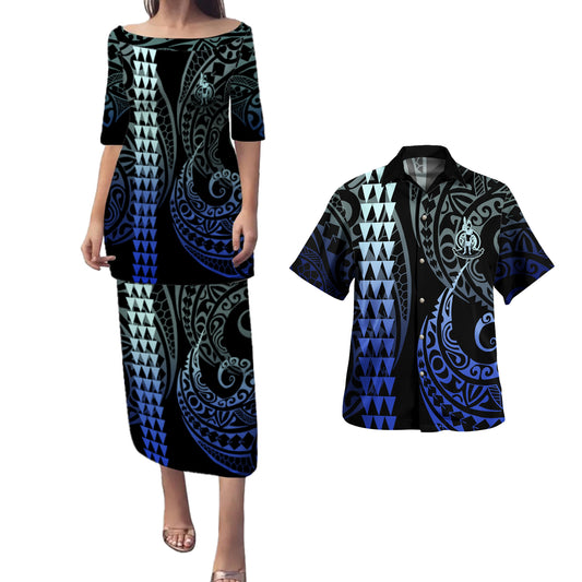 Vanuatu Combo Puletasi And Shirt Kakau Style Gradient Blue