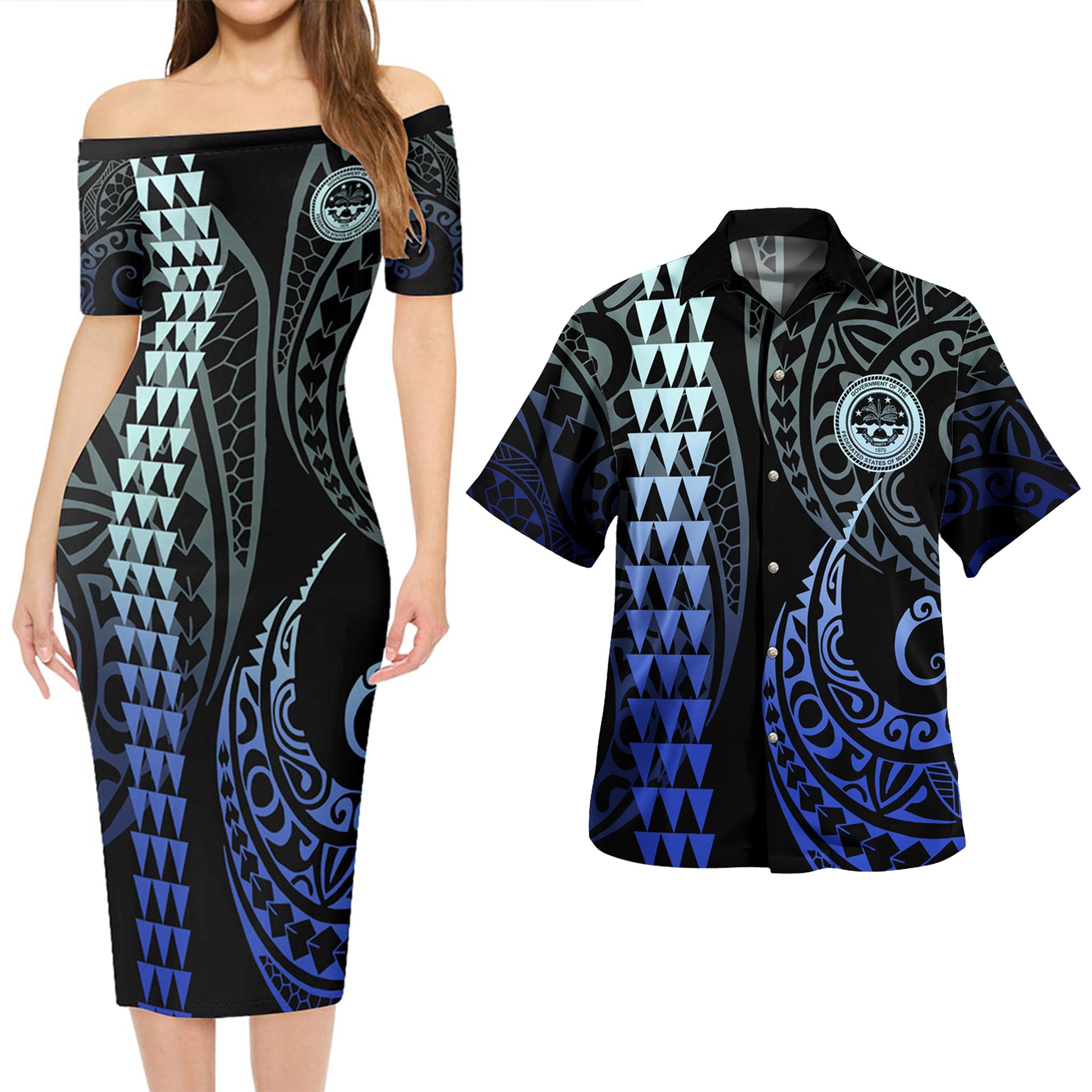 Federated States Of Micronesia Combo Short Sleeve Dress And Shirt Kakau Style Gradient Blue