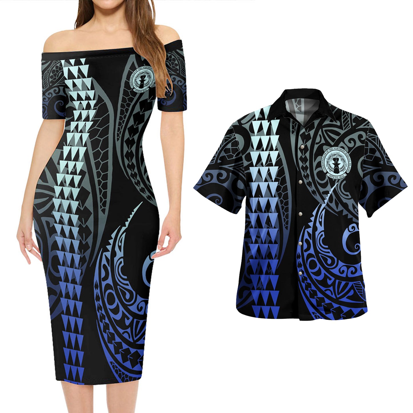 Northern Mariana Islands Combo Short Sleeve Dress And Shirt Kakau Style Gradient Blue
