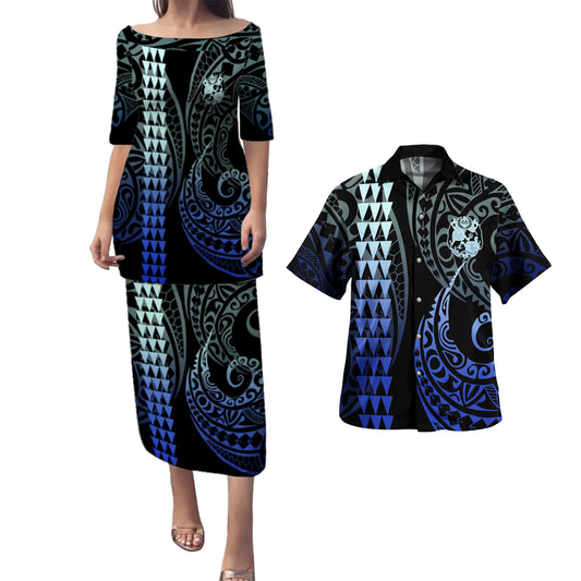 Tonga Combo Puletasi And Shirt Kakau Style Gradient Blue