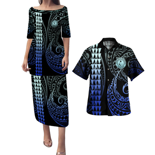 Chuuk State Combo Puletasi And Shirt Kakau Style Gradient Blue