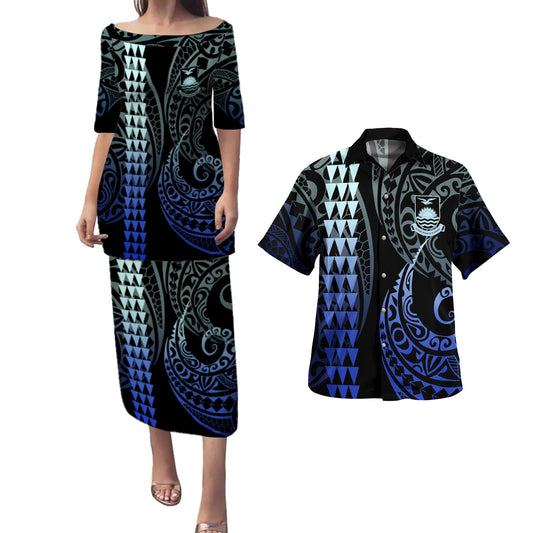 Kiribati Combo Puletasi And Shirt Kakau Style Gradient Blue
