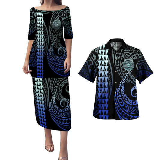American Samoa Combo Puletasi And Shirt Kakau Style Gradient Blue