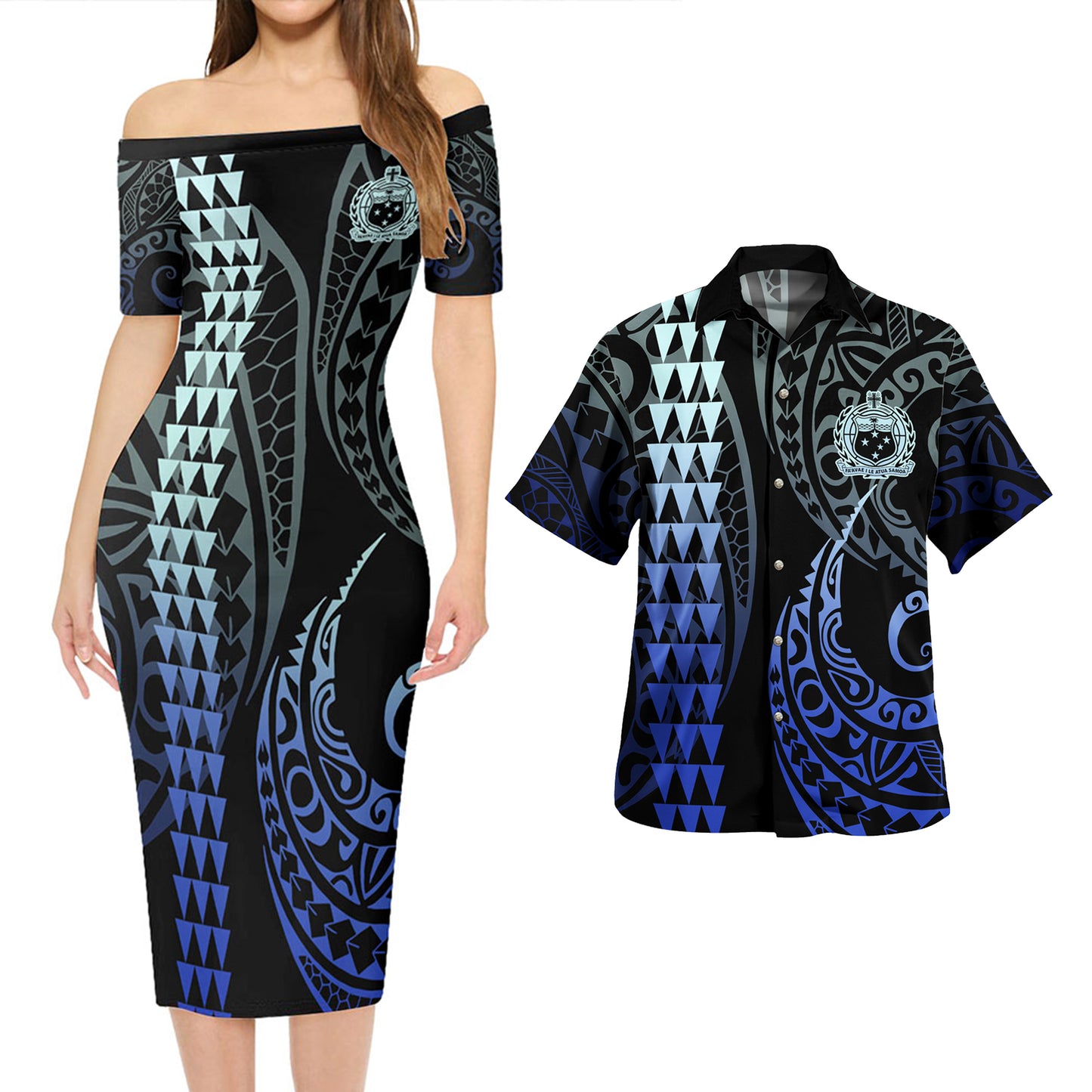 Samoa Combo Short Sleeve Dress And Shirt Kakau Style Gradient Blue