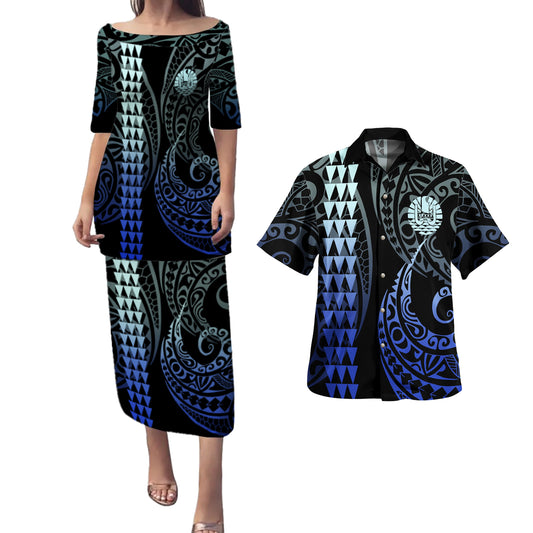 Tahiti Combo Puletasi And Shirt Kakau Style Gradient Blue