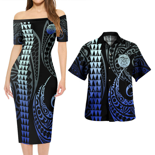 Kosrae Combo Short Sleeve Dress And Shirt Kakau Style Gradient Blue