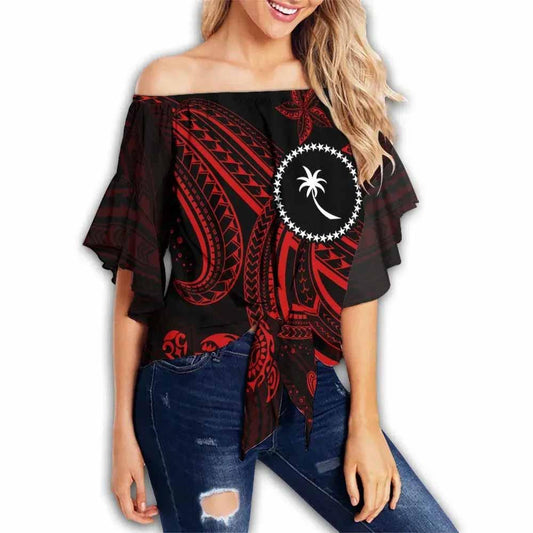 Chuuk Custom Personalised Off Shoulder Wrap Waist Top - Red Turtle