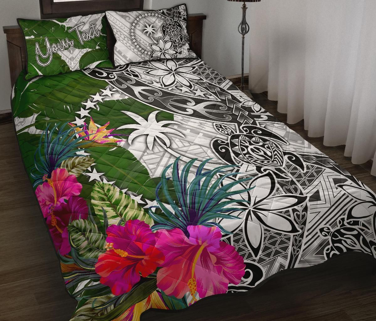 Chuuk Custom Personalised Quilt Bed Set White - Turtle Plumeria Banana Leaf