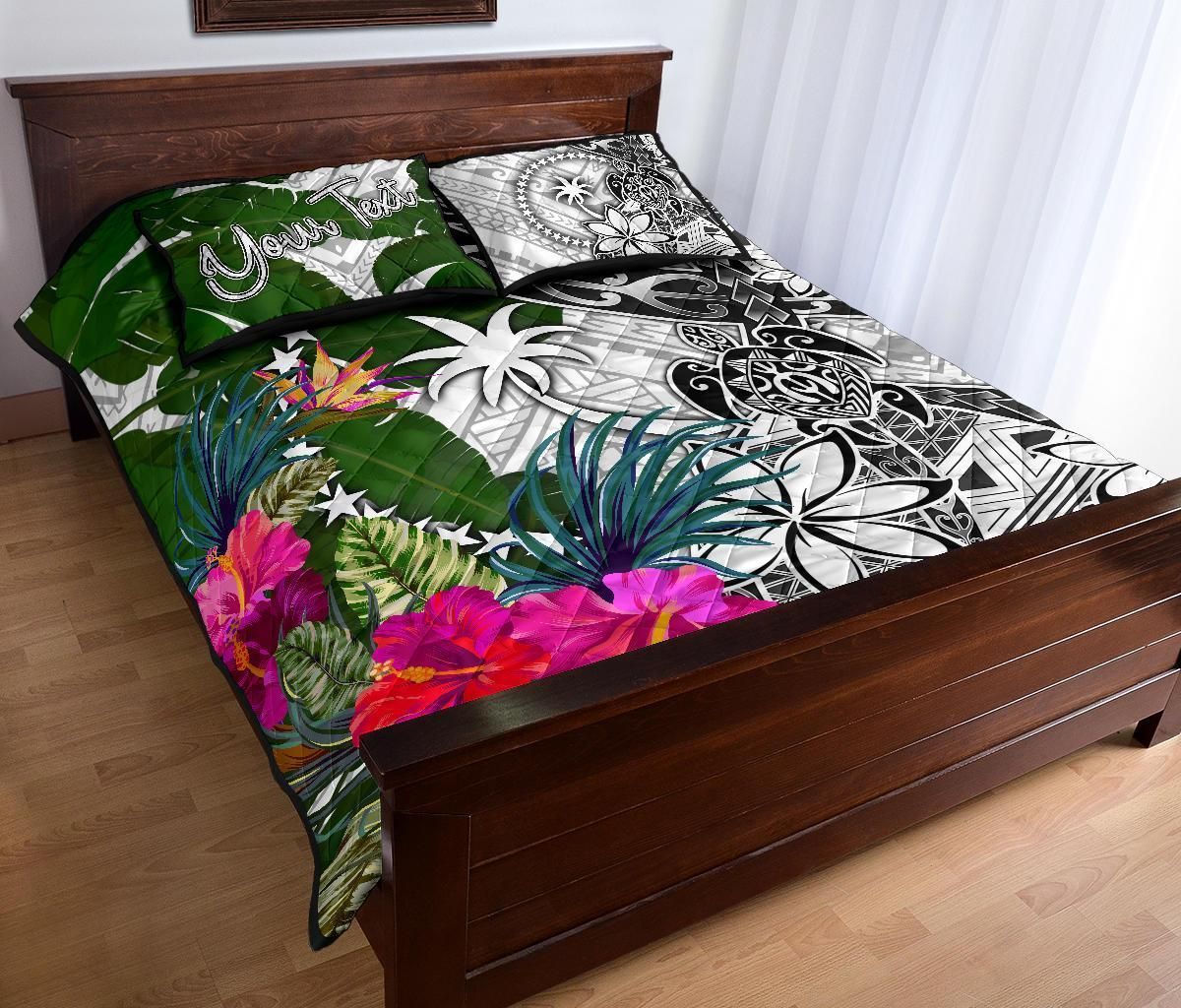 Chuuk Custom Personalised Quilt Bed Set White - Turtle Plumeria Banana Leaf