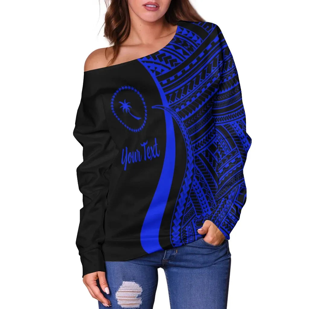 Chuuk Custom Personalised Women Off Shoulder Sweater - Blue Polynesian Tentacle Tribal Pattern