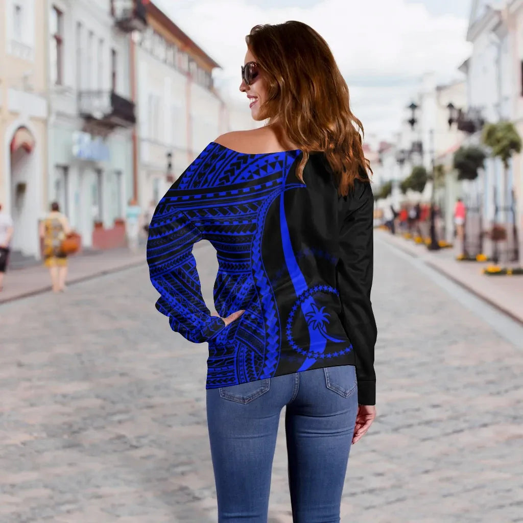 Chuuk Custom Personalised Women Off Shoulder Sweater - Blue Polynesian Tentacle Tribal Pattern