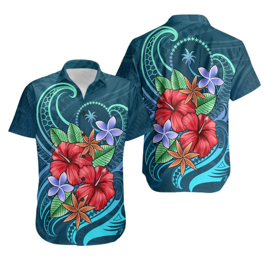 Chuuk Short Sleeve Shirt - Blue Pattern With Tropical Flowers