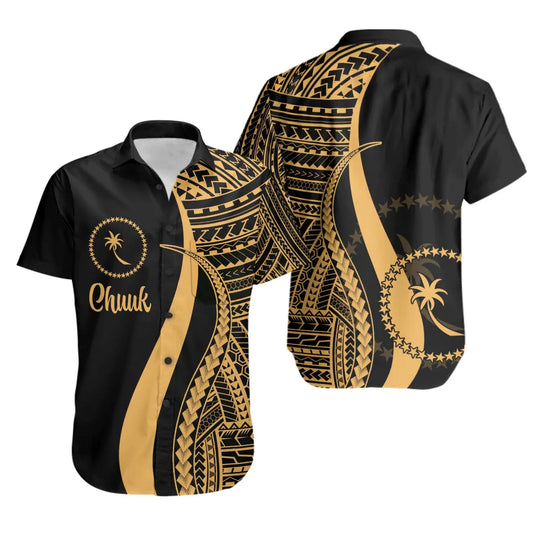 Chuuk Short Sleeve Shirt - Gold Polynesian Tentacle Tribal Pattern