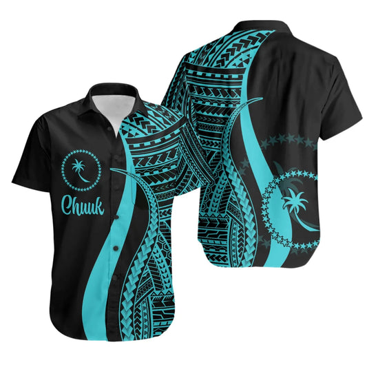 Chuuk Short Sleeve Shirt - Turquoise Polynesian Tentacle Tribal Pattern