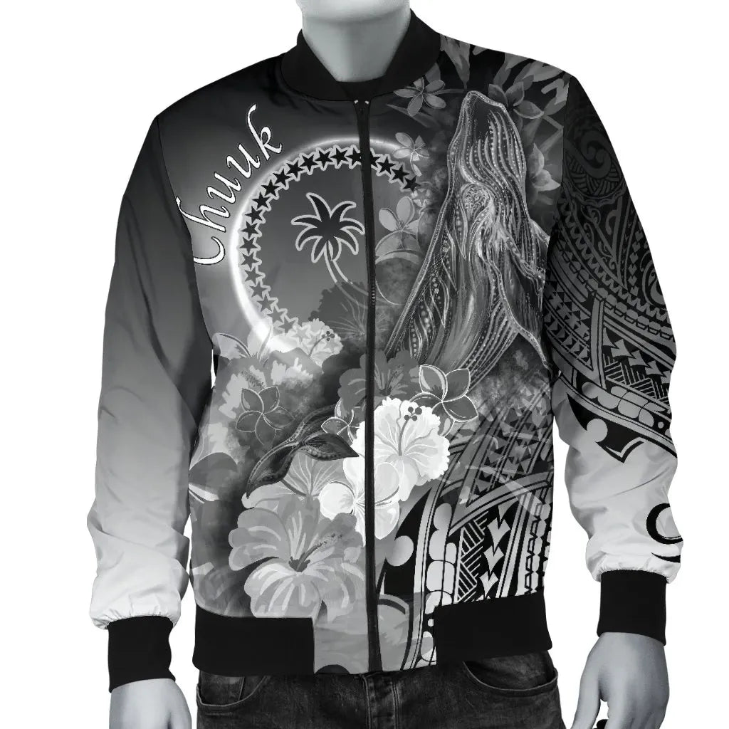 Chuuk Bomber Jacket - Humpback Whale with Tropical Flowers (White)