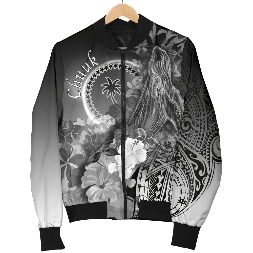 Chuuk Bomber Jacket - Humpback Whale with Tropical Flowers (White)