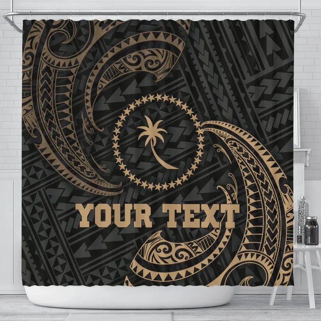 Chuuk Micronesia Custom Personalised Shower Curtain - Gold Tribal Wave