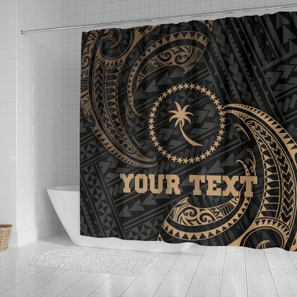 Chuuk Micronesia Custom Personalised Shower Curtain - Gold Tribal Wave