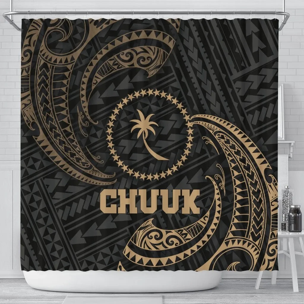 Chuuk Micronesia Shower Curtain - Gold Tribal Wave