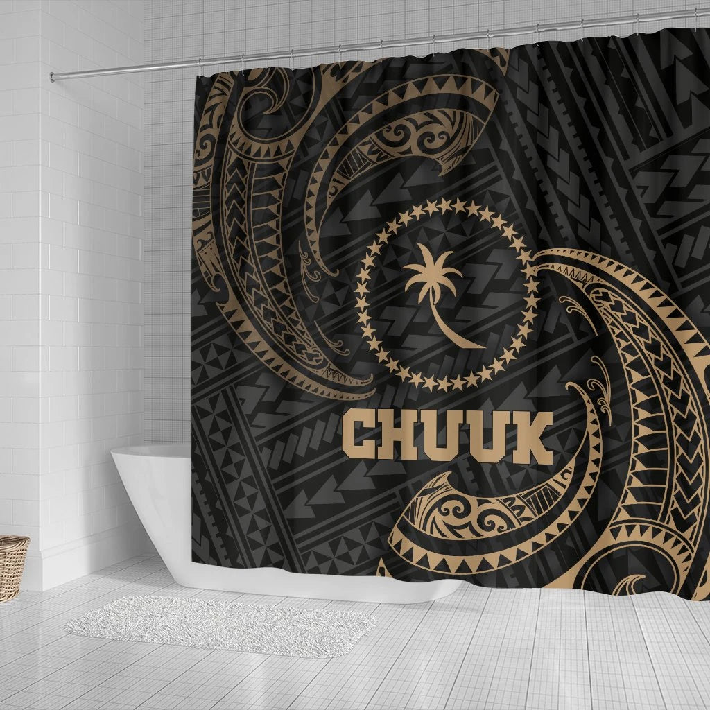 Chuuk Micronesia Shower Curtain - Gold Tribal Wave